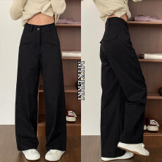 批发二种裤长--黑色休闲西装裤女高腰夏季新款高腰垂感宽松显瘦阔腿裤