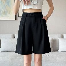 批发内包边-原版做工---西装短裤女夏季<b class='q'>高腰</b>宽松直筒阔腿休闲五分中裤