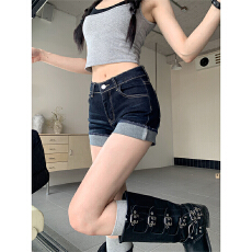 批发美式辣妹高腰性感超短<b class='q'>裤</b>热<b class='q'>裤</b>牛仔<b class='q'>裤</b>女<b class='q'>夏季</b>深蓝色设计感卷边短<b class='q'>裤</b>子