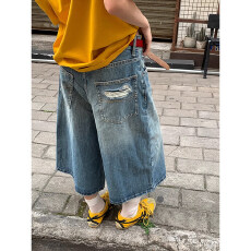 批发美式复古折痕破洞七分牛仔裤<b class='q'>女</b>夏季高腰八分中裤梧桐直筒阔腿短裤