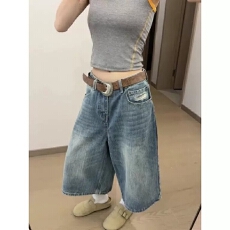 批发小个子复古折痕破洞七分牛仔裤<b class='q'>女</b>高腰宽松显瘦中裤梧桐直筒阔腿<b class='q'>裤</b>