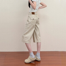 批发美式浅杏色七分阔腿牛仔裤<b class='q'>女</b>夏2026新款低腰薄款宽松显瘦直筒中裤