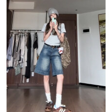 批发复古辣妹五分裤牛仔短裤<b class='q'>女</b>夏季低腰5分裤宽松设计感直筒阔腿中裤