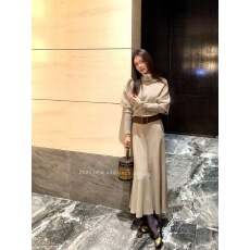 批发高领针织拼接长袖+长款连衣裙套装(配腰带）