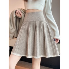 批发学院风蕾丝花边拼接<b class='q'>半身裙</b>女秋冬新款高腰百褶针织A<b class='q'>字</b>短<b class='q'>裙</b>