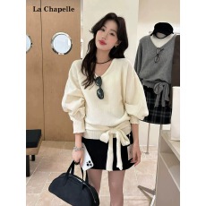 批发百搭氛围感V领绑带设计感蝙蝠袖针织衫女