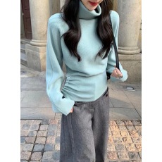 批发蓝色高领慵懒羊毛衫套头毛衣女秋冬设计感收腰抽褶显瘦针织衫上衣
