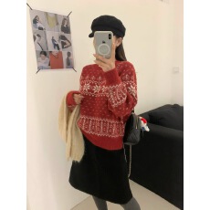 批发复古费尔岛圆领<b class='q'>毛衣</b>女秋冬新款慵懒宽松雪花圣诞针织套头上衣