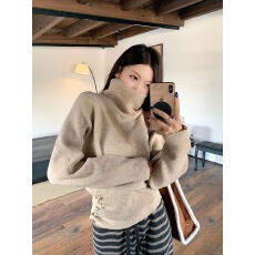 批发高领侧边抽褶设计感针织衫秋冬内搭收腰显瘦气质上衣