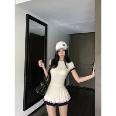 批发美式复古针织短袖T恤+半身短裙两件套装