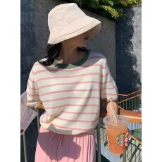 批发夏季新款时尚百搭圆领短袖T恤女宽松显瘦薄款条纹百搭上衣
