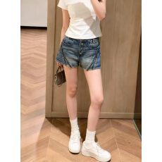 批发LEDIM WANG做旧洗水<b class='q'>牛仔裤</b>女2026春夏新款蓝色A摆高腰拉链短裤