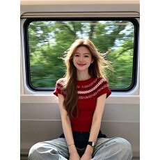 批发费尔岛风红色短袖<b class='q'>针织衫</b>女2026夏季新款修身显瘦设计感复古上衣