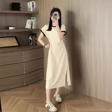 批发（100%纯棉 好质量）中长款过膝拼色短袖连衣<b class='q'>裙</b>女夏<b class='q'>t</b><b class='q'>恤</b><b class='q'>裙</b>子