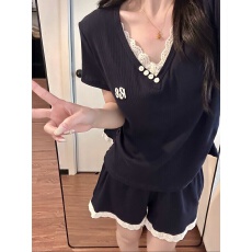 网红风简约带胸垫短袖短裤睡衣女甜美家居服套装