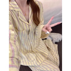 春秋季网红风条纹睡衣女长袖长裤薄款撞色家居服套装