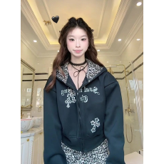 批发薄款/加绒【华棉复合牛奶丝/银狐绒】美式翻领豹纹<b class='q'>卫衣</b>女