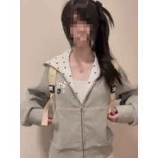 纯棉华棉复牛奶丝/银狐绒 拉链两侧拼接波点 绣花