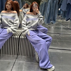 批发官图 2026春秋<b class='q'>韩版</b>露肩显瘦字母打底T恤宽松阔腿裤套装洋气休闲装