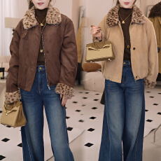 批发官图 <b class='q'>秋</b>冬新款气质高级感加绒加厚保暖豹纹毛毛拼接短款夹克外套