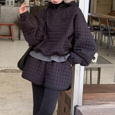 批发官图 <b class='q'>韩</b>版休闲时尚套装冬季小众气质华夫格连帽卫衣短裤两件套女