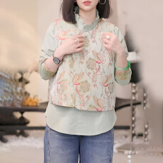 批发官图 2026国风复古衬衣春秋款新中式刺绣木耳边立领设计国潮上衣