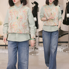 批发官图 新中式国风上衣女2026春秋新款复古上衣刺绣木耳边立领衬衫