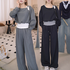 批发官图 假两件撞色露肩卫衣阔腿长裤春秋<b class='q'>韩</b>系一整套穿搭减龄两件套
