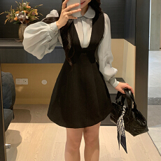 批发官图 2026春秋新款设计打底衬衫V领背心连衣裙收腰显瘦气质两件套