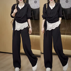 批发官图 2026春秋韩系连帽侧边系带外套背心拼接印花直筒<b class='q'>长裤</b>三件套