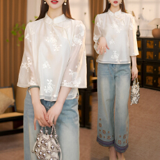 官图 小个子高级感简约时尚七分袖上衣2026夏季新款中式国风衬衫