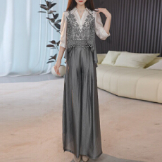 批发官图 2026新款春秋时髦洋气高级感镂空钩花上衣直筒阔腿裤两件套