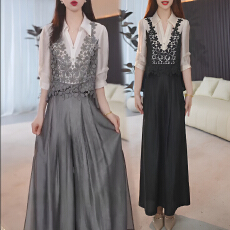 批发官图 轻奢优雅套装2026春秋款优雅气质显瘦钩花上衣阔腿裤两件套