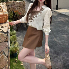 批发官图 2026春秋新款老钱风复古蕾丝花边V领长袖<b class='q'>衬衫</b>休闲半裙裤套装