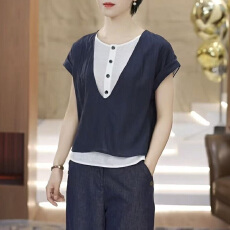 批发官图 2026夏季新款时尚气质假两件V领撞色T恤女宽松遮肚百搭小衫