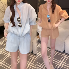 批发官图 夏季新款简约风时尚<b class='q'>气质</b>轻薄防晒长袖外套女松紧腰短裤套装