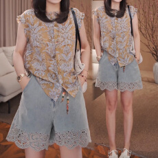 批发官图 时尚无袖<b class='q'>衬衫女</b>2026夏季新款黄底印花木耳边<b class='q'>立领</b>减龄感上衣