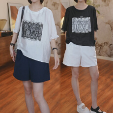 批发官图 夏季新款美式复古<b class='q'>休闲</b>短袖圆领印花T恤女工装阔腿短裤两件套