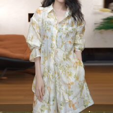 批发官图 夏季新款时尚清新蝴蝶<b class='q'>碎花</b>泡泡袖衬衫松紧腰<b class='q'>短裤</b>度假风套装
