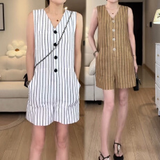 批发官图 2026夏季轻熟风条纹<b class='q'>连体</b>裤女高级感显瘦直筒裤v领无袖<b class='q'>连体</b>衣