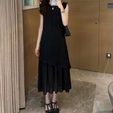 批发官图 法式高级感拼接网纱不对称无袖<b class='q'>连衣裙</b>新款夏季设计感长裙子