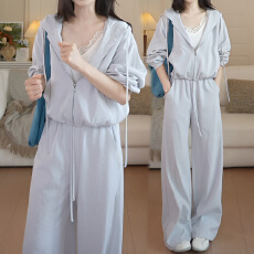 批发官图 春秋款慵懒感时尚气质抽绳收腰连帽<b class='q'>外套</b>女系带阔腿裤两件套