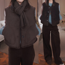 批发官图 秋<b class='q'>冬</b>款复古时髦毛毛加厚保暖马甲女外套双面穿无袖坎肩背心