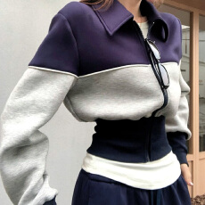 批发官图 气质立领撞色收腰<b class='q'>长袖</b>外套女2026春秋新款高腰微喇<b class='q'>裤</b>两件套