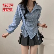 批发<b class='q'>韩版</b>设计感小众不规则收腰显瘦时髦条纹衬衫长袖上衣