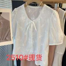 批发韩国东大门气质圆领刺绣甜美系带短袖<b class='q'>衬衫</b>小衫女2026夏