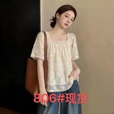 批发韩国chic韩版精美刺绣洞洞雪纺花边拼接方领短袖衬衫