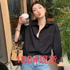 黑色早春棉衬衫外套女~新款长袖百搭上衣通勤百搭长袖衬衫女