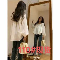 批发法式白色方领泡泡袖长袖<b class='q'>衬衫</b>女春季别致小衫设计感小众娃娃衫上衣