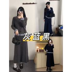 批发日韩外贸秋冬复古高级感拼接假两件针织衫毛衣+高腰显瘦半身裙WN